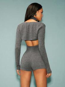 Denimoi Two Pieces Marled Knit Bodycon Bodysuit - Dark Grey - View 2