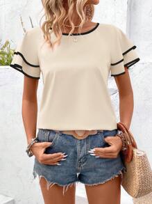 Breezaya Camicia casual da donna con maniche corte, finitura a volant e blocchi di colore, perfetta per le vacanze - Bianco - Visualizzare 6