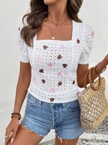 SHEIN LUNE 情人节度假心形刺绣泡泡袖系带衬衫