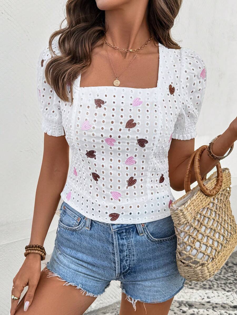 SHEIN LUNE 情人节度假心形刺绣泡泡袖系带衬衫
