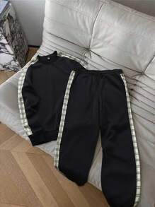 Manfinity Hypemode Men's Contrast Plaid Sweatshirt And Sweatpants Set, For Tennis - Black - View 1