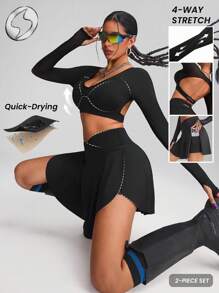 Innovista Women Activewear Sports Set,2pcs,Cropped Long Sleeve Hollow Out Sexy Gym Top & Skirts Shorts, Multi-Usephone Pockets High Waist Crossover Skirts,Tennis Skirts Set,Breathable Mesh Cut Out T-Shirts & Sweatshirts,Golf,Music Festival,Outdoor,Party,Dance,Autumn,Black,Valentine's Day,Sports Bra Quick-Drying, Utilitarian Chic - Black - View 1