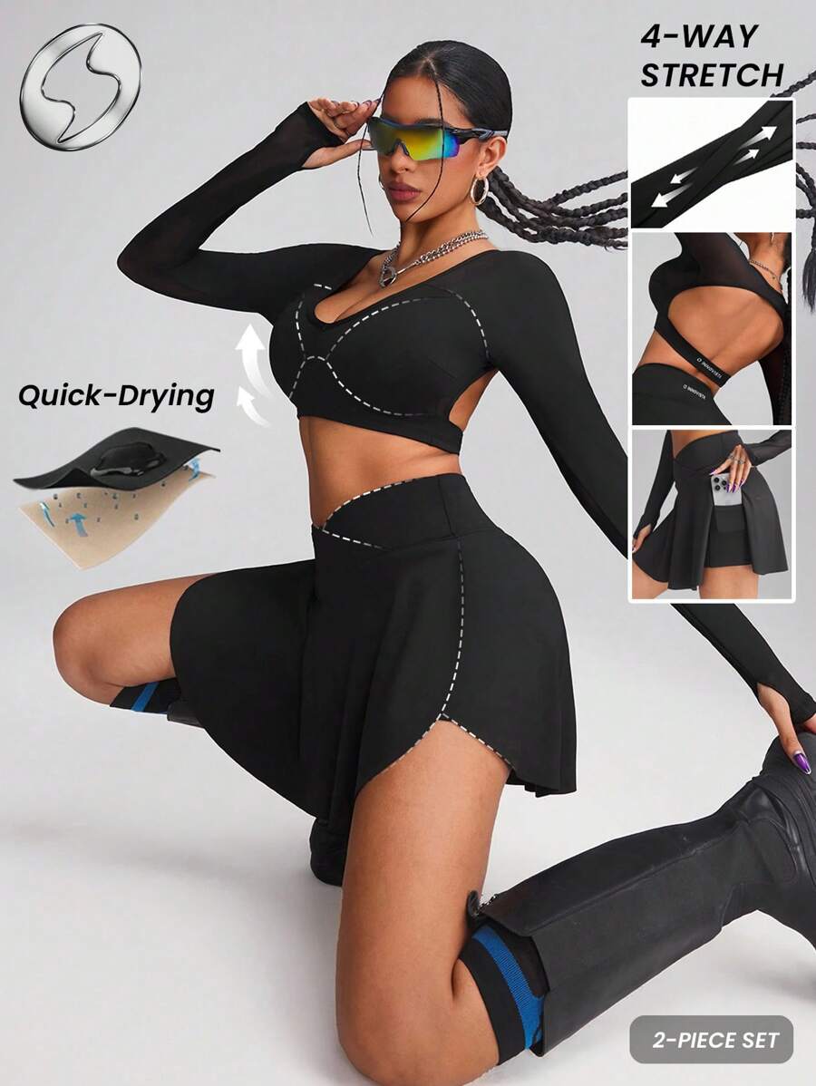 Innovista Women Activewear Sports Set,2pcs,Cropped Long Sleeve Hollow Out Sexy Gym Top & Skirts Shorts, Multi-Usephone Pockets High Waist Crossover Skirts,Tennis Skirts Set,Breathable Mesh Cut Out T-Shirts & Sweatshirts,Golf,Music Festival,Outdoor,Party,Dance,Autumn,Black,Valentine's Day,Sports Bra Quick-Drying, Utilitarian Chic - Black - View 1