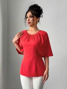 Chiquease Women's Loose Fit Round Neck Fashionable Red Poncho Blouse