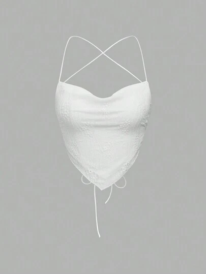 Chiquease Women's White Textured Bikini Swimsuit Top With Crisscross Straps And Drawstring Tie