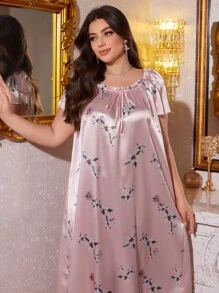 MuseNap CURVE Plus Size Floral Print Lace-Up Long Faux Silk Dress, Moo Moo Sleep Dress - Pink - View 5