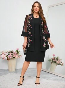 Reflora 2pcs/Set Plus Size Elegant Party Mesh Embroidered Coat And Bodycon Dress , Holiday Outfits - Multicolor - View 3