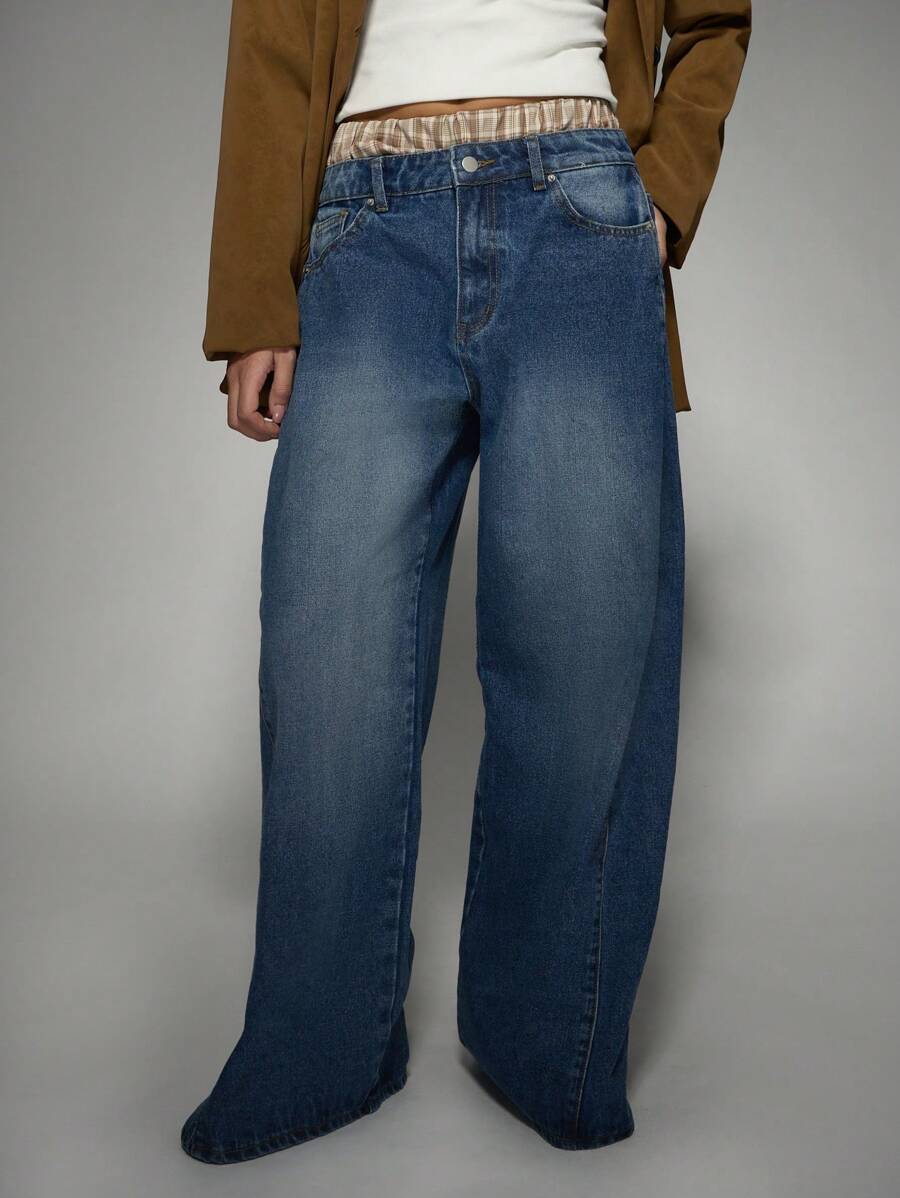 MISSGUIDED 宽松牛仔裤，格纹平角裤腰，宽腿休闲街头牛仔裤，Y2K 时尚潮流下装 - 藍色 - 查看 1