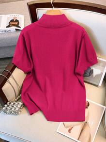 SHEIN LUNE Blusa de punto de cuello alto liso de talla grande, de manga corta - Rosa Fucsia - Ver 2