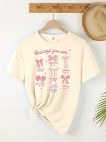 Camiseta de manga corta con estampado de lazo, cuadrícula y eslogan para adolescentes de estilo casual y de moda