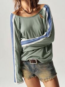 Bohemela BOHO Casual Color Blocking Raglan Sleeve Long Sleeve Round Neck Loose Backless Women T-Shirt - Green - View 6