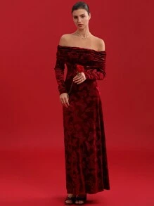 GENKIRA Vestido de fiesta con estilo romántico italiano para mujeres, vestido de terciopelo con manga larga con abertura en los hombros y diseño de jacquard con mariposa en la cintura - Multicolor - Ver 2