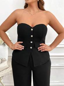 SHEIN Clasi 大码女式休闲纯色前扣抹胸 - 黑色 - 查看 3