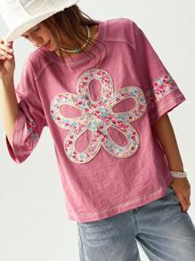 Bohemela 大码夏季休闲花卉拼布短袖T恤 - 粉色 - 查看 6