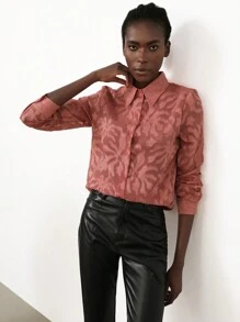 SHEIN Privé 不带胸罩的纽扣透明衬衫优雅商务休闲女士纽扣衬衫女士 - 藕粉色 - 查看 5