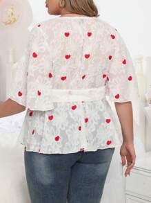 Flirla Plus Size Valentine's Day Heart Embroidery Cut-Out Blouse - White - View 2