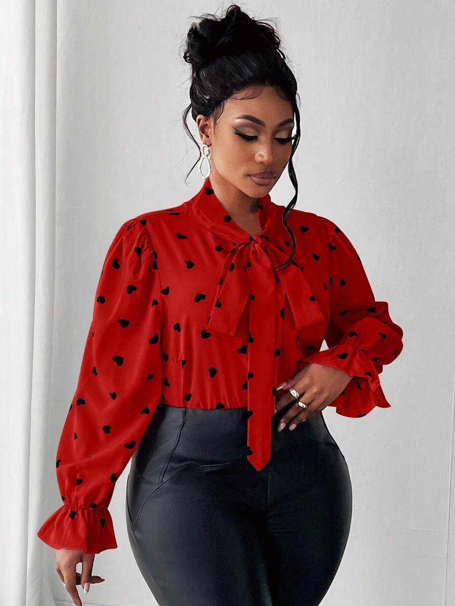 Maweii 大码女式心形印花系带领长袖优雅衬衫 - 紅色 - 查看 1