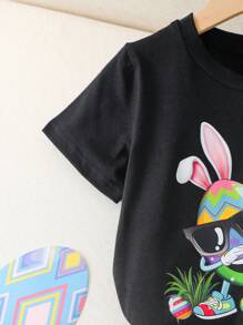 Young Boy Casual Simple Daily Round Neck Short Sleeve T-Shirt - Black - View 8