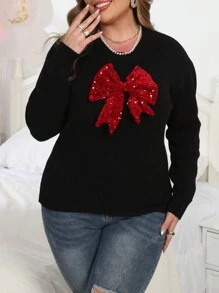 Calvaya 大码女式情人节约会蝴蝶结装饰针织套头毛衣 秋冬款 - 黑色 - 查看 4