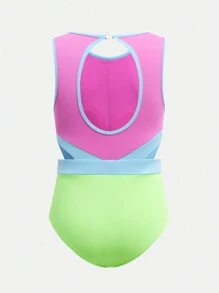 SHEIN 青少年女孩无袖拼接紧身露背连体衣，专业训练体操舞蹈服紧身衣 - 彩色 - 查看 2