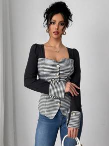 Chiquease Single Breasted Square Collar Solid Color Patchwork Houndstooth Shirt - Black and White - View 4