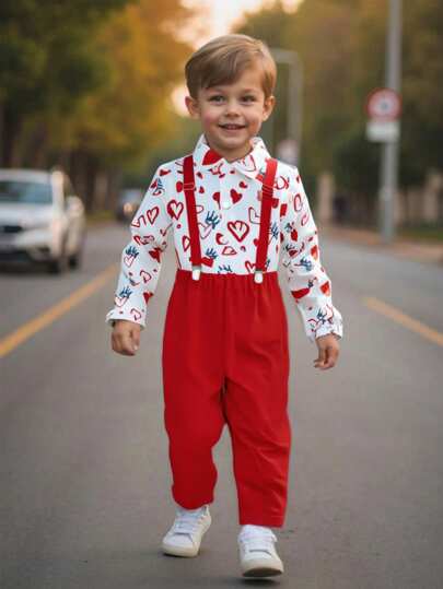 SHEIN Young Boy 2pcs Gentleman Style Outfit, Includes White Dress Shirt With Digital Printed Red Heart Crown Design, Adjustable Suspender Overalls, And Solid Red Pants, Great For Birthday Party, Wedding, Holiday Occasions