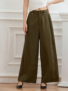 SHEIN Unity Flattered Pleated Design Straight-Leg Loose Wide-Leg Pants, Slimming & Commute-Friendly, Green Floral Chiffon Maxi Length Trousers - Army Green - View 4