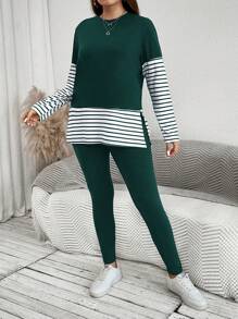 EMERY ROSE Plus Size Women 2pcs Set, Striped Colorblock Crew Neck Long Sleeve Top And Solid Color Pants Women Clothing Sets Airport Women Outfits Fall Clothes Clothes Outfit Sets Travel Outfit Airport - Dark Green - View 3