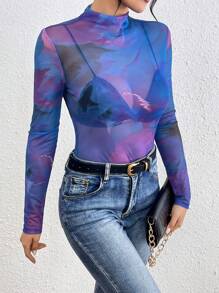 Chiquease Women's Fashion Tie-Dye Print Mesh Sheer Top Fall Cloth For Women - Violet Purple - View 3