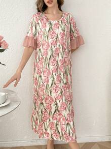 CottageSlumber Contrast Color Block Ruffle Hem Short Sleeve Floral Print Maxi Nightgown Babydoll Perfect Summer, Moo Moo - Multicolor - View 6