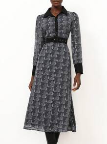 Aveloria Modichic Elegantes französischer Stil Pendelkleid, Kragen Knopfleiste, schwarzer Kontrastbesatz, Gürtel, geometrischer Chiffon-Muster, Langarm Kleid - Verschiedenfarbig - Übersicht 7