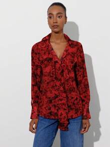Aveloria Modichic Damen Langarm Rüschen V-Ausschnitt Vintage Muster Bluse - Verschiedenfarbig - Übersicht 4