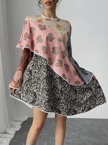 Chiquease Women's Contrast Color Block Printed Bell Sleeve Short Dress