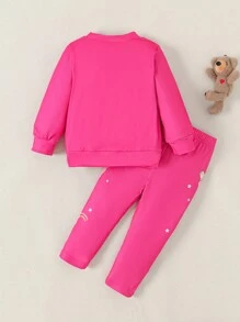 Babygirl Pink Long Sleeve Crew Neck Top And Elastic Waist Pants Set, Casual Sporty Style, Soft Fabric, Suitable For Spring And Autumn Outdoor Activities