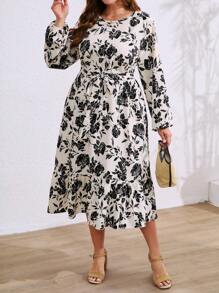 EMERY ROSE Plus Size Women's Polka Dot Ruffle Hem Lantern Sleeve Dress Maxi Women Outfit - Multicolor - View 1