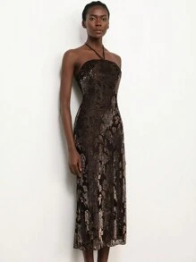 SHEIN Privé Women's Vintage Flocking Jacquard Textured Fabric Stand Collar Halter Bodycon Dress - Chocolate Brown - View 2