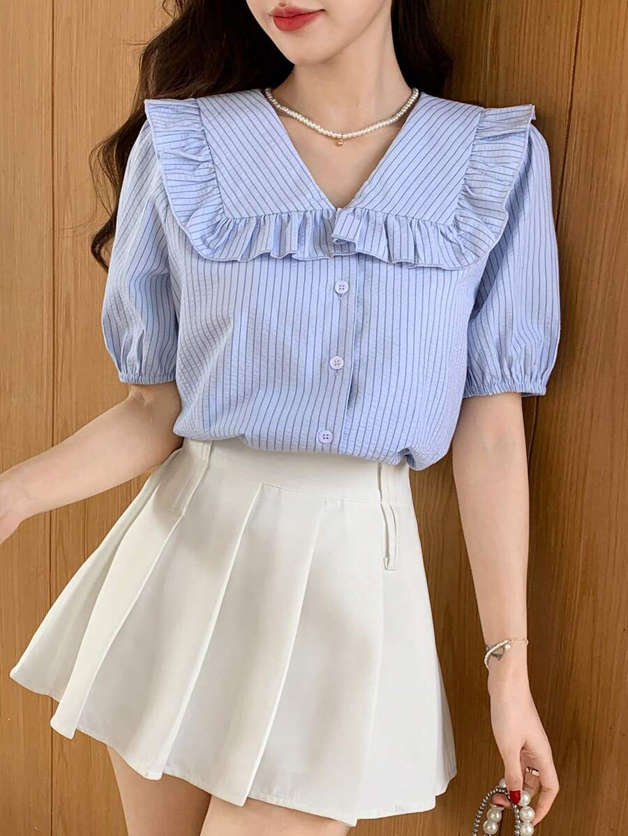 DAZY Áo sơ mi nữ tay lỡ xếp nếp sọc - Màu xanh lam - Xem 1