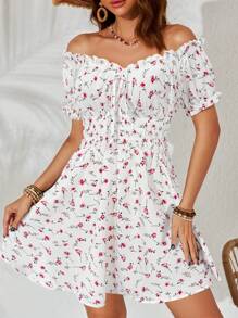 SHEIN VCAY High Waist Off Shoulder Ruffle Hem Summer Beach Dress For Women - White - View 6