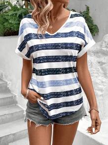 EMERY ROSE 夏季拼色条纹蝙蝠袖 T 恤图案 T 恤女式上衣 - 彩色 - 查看 3