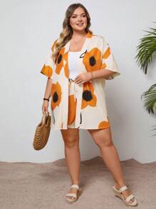 SHEIN CURVE+ 2pcs/Set Plus Size Women Floral Print Kimono Blouse With Tie Waist And Shorts Set Boho Vacation