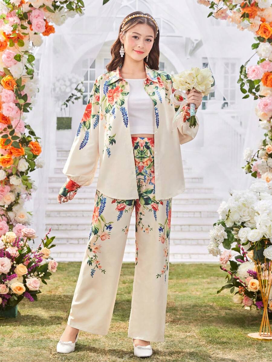 3 件套青少年女孩休闲套装：翻领开衫印花衬衫、修身短款吊带背心、印花阔腿裤，适合春夏、假日、夏季、旅行 - 彩色 - 查看 1