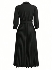 SHEIN Clasi Red Pleated Collar & Hem Dress For Women - Black - View 2