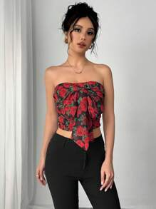 SHEIN Unity 女士玫瑰花系带抹胸上衣，适合情人节 - 彩色 - 查看 4