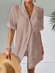 SHEIN Swim 女士简约纯色短袖和服罩衫，夏季海滩女士沙滩罩衫女士长袖衬衫沙滩衬衫 - 藕粉色 - 查看 5