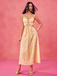 Thainara Oliveira Designer Boho Bohemian Pink And Butter Yellow Printed Cutout Ruched Bust Tie Maxi Dress, Festival, Concert Outfit, Pastel, Prom Dress