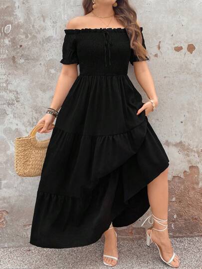SHEIN Clasi Elegant Commuter Vintage Simple Casual Versatile Women's Fashion Hot Seller, Frill Fabric, Bow Decor, Elastic Waist, Flared Hem Design Black Plus Size Dress, Suitable For Spring, Summer, Autumn