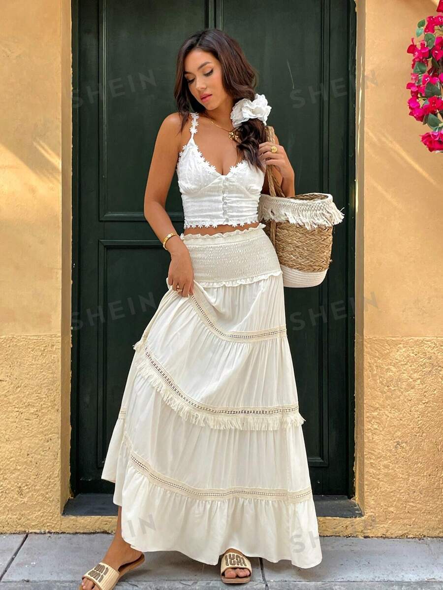 Breezaya Falda plisada con parche de encaje floral y lazo a la cintura en unicolor, estilo romántico vacacional para mujer