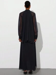 Aveloria Modichic Ladies' Spring Elegant Ruffle Collar Tie-Neck 2 In 1 Chiffon Long Sleeve Dress - Black - View 5