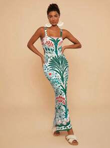 Travachic 女式针织印花细肩带腰部镂空紧身连衣裙