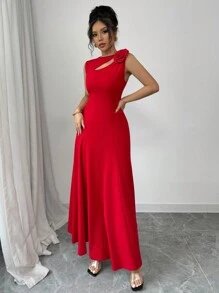 Elenzga 无袖雕塑感红色花卉印花修身中长礼服，情人节 - 紅色 - 查看 5